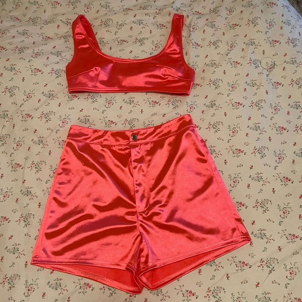 Tiger Mist 2 Piece Pink Satin Crop Top and Shorts